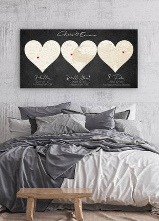 Ivory Custom 3 Heart Map - 14th Anniversary Gift