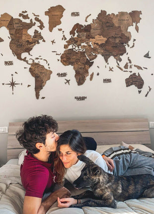 Wall Decor Bundle: 3D Wooden World Map with Flag Pins