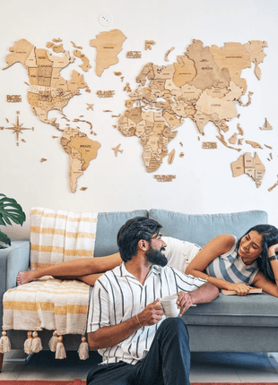 Wall Decor Bundle: 3D Wooden World Map with Flag Pins