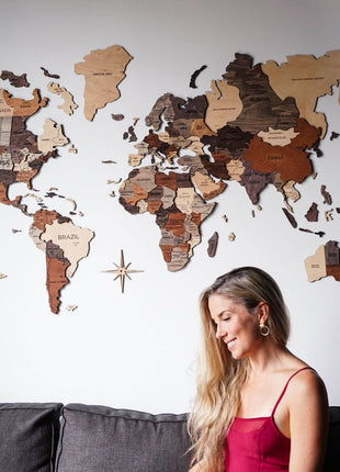 Wall Decor Bundle: 3D Wooden World Map with Flag Pins