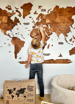 Wall Decor Bundle: 3D Wooden World Map with Flag Pins