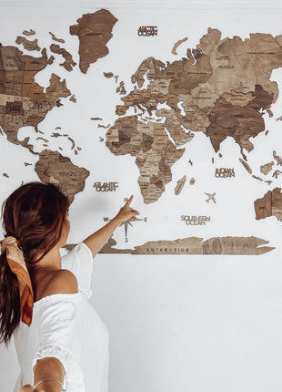 Wall Decor Bundle: 3D Wooden World Map with Flag Pins