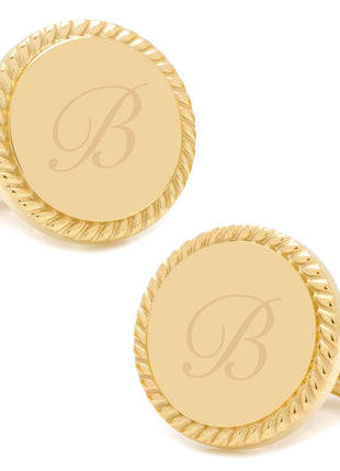 14K Gold Plated Rope Border Round Engravable Cufflinks