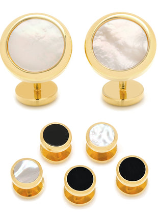 Double Sided Gold Mother of Pearl Round Beveled 5-Stud Set