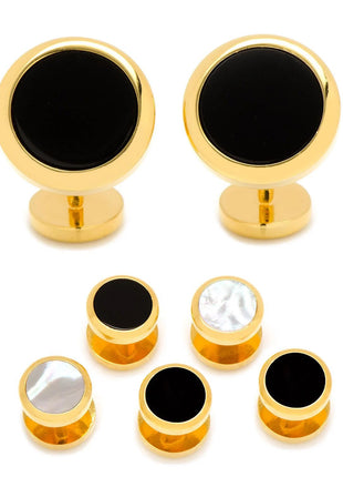 Double Sided Gold Onyx Round Beveled 5-Stud Set