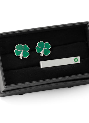 Green Clover Cufflinks and Tie Bar Gift Set