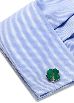 Green Clover Cufflinks and Tie Bar Gift Set
