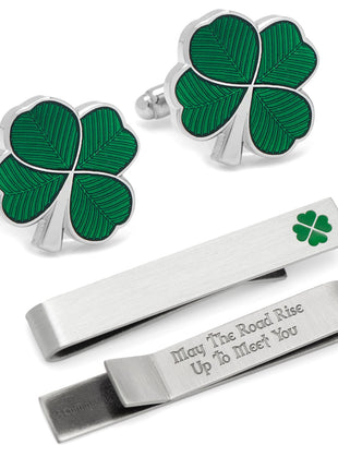 Green Clover Cufflinks and Tie Bar Gift Set
