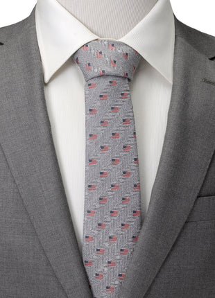 Light Gray Herringbone American Flag Men's Tie