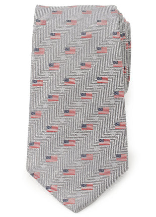 Light Gray Herringbone American Flag Men's Tie