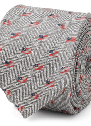 Light Gray Herringbone American Flag Men's Tie