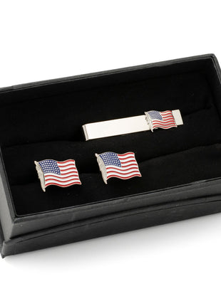 American Waving Flag Cufflinks and Tie Bar Gift Set