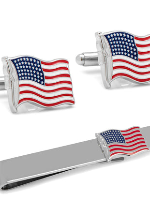 American Waving Flag Cufflinks and Tie Bar Gift Set