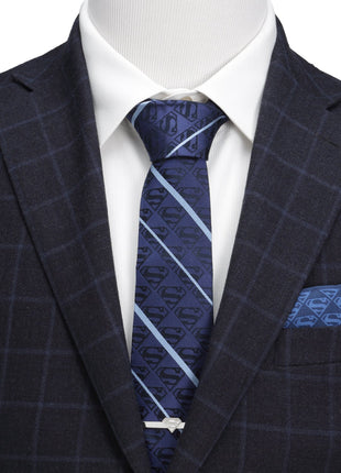 DC Superman Stripe Pattern Blue Silk Men's Tie