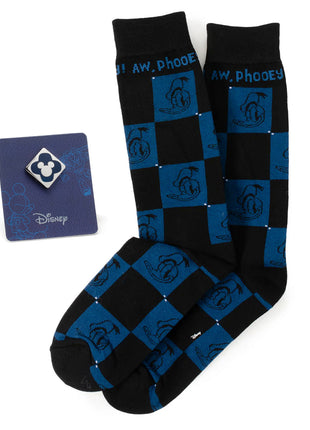 Disney Donald Duck Black Dress Socks & Blue Mickey Mouse Lapel Pin Gift Set