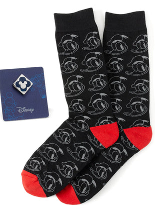 Disney Donald Duck Patterned Black Socks and Mickey Mouse Blue Lapel Pin Gift Set