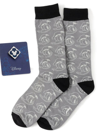 Disney Donald Duck Patterned Gray Socks and Mickey Mouse Blue Lapel Pin Gift Set