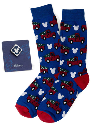 Disney Mickey Mouse Holiday Truck Navy Socks and Blue Lapel Pin Gift Set