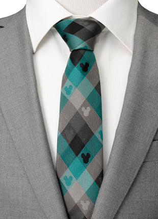Disney Mickey Mouse Silhouette Teal Plaid Men's Tie