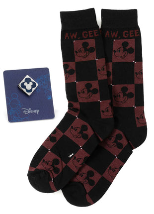Disney Mickey Mouse Red Check Sock and Mickey Blue Lapel Pin Gift Set