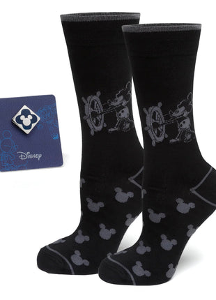 Disney Mickey Mouse Steamboat Willie Sock and Mickey Blue Lapel Pin Gift Set