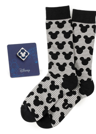 Disney Mickey Mouse Stripe Gray Sock and Mickey Blue Lapel Pin Gift Set