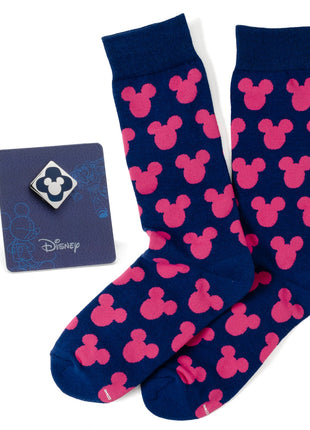Disney Mickey Mouse Silhouette Pink Sock and Mickey Blue Lapel Pin Gift Set