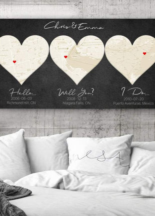 Ivory Custom 3 Heart Map - 14th Anniversary Gift