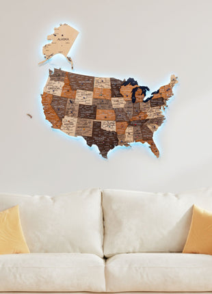 Wooden 3d LED Map of USA - Multicolor