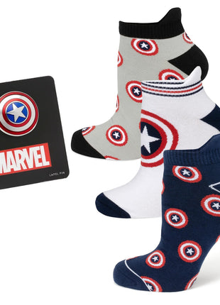 Marvel Captain America Ankle Socks 3-Pack and Lapel Pin Gift Set