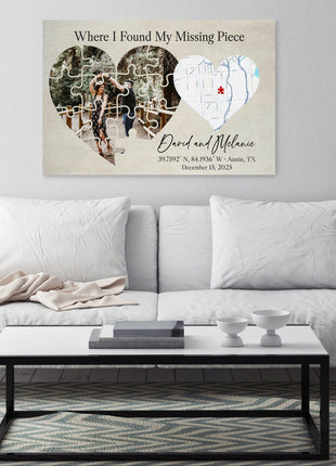 Where I Found My Missing Piece – Personalized Map Puzzle Heart Canvas