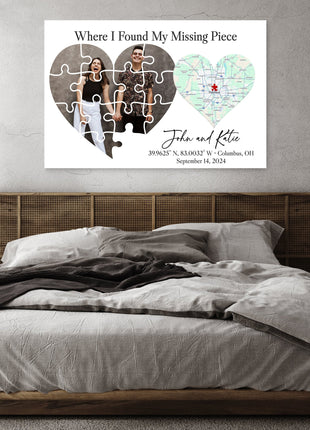 Where I Found My Missing Piece – Personalized Map Puzzle Heart Canvas