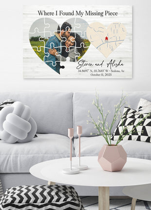 Where I Found My Missing Piece – Personalized Map Puzzle Heart Canvas