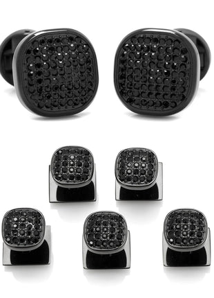 Black Stainless Steel Black Crystal Cufflink and 5-Stud Set