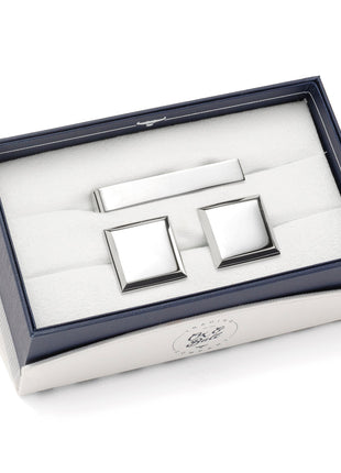 Stainless Steel Beveled Square Engravable Cufflinks and Tie Bar Gift Set