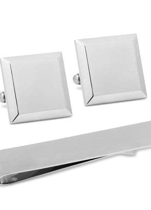 Stainless Steel Beveled Square Engravable Cufflinks and Tie Bar Gift Set