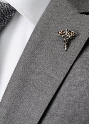 Caduceus Pave Gunmetal Lapel Pin