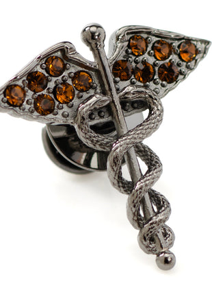 Caduceus Pave Gunmetal Lapel Pin