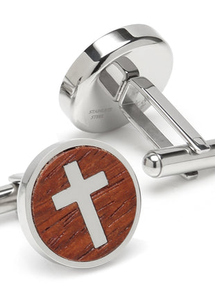 Cross Round Wood Stainless Steel Cufflinks