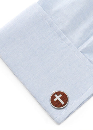 Cross Round Wood Stainless Steel Cufflinks
