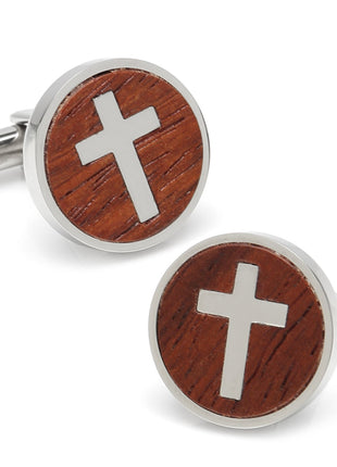 Cross Round Wood Stainless Steel Cufflinks