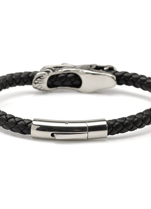 Dragon Head Braided Black Leather Bracelet with Magnetic Closure