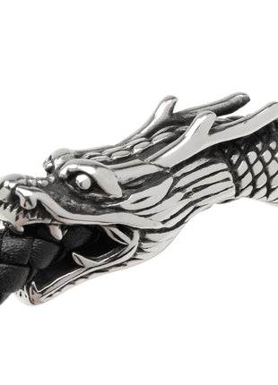 Dragon Head Braided Black Leather Bracelet with Magnetic Closure