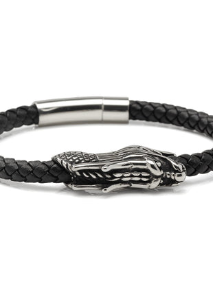 Dragon Head Braided Black Leather Bracelet with Magnetic Closure