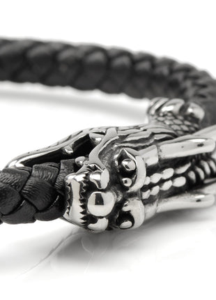 Dragon Head Braided Black Leather Bracelet with Magnetic Closure