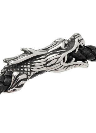 Dragon Head Braided Black Leather Bracelet with Magnetic Closure