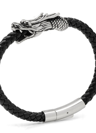 Dragon Head Braided Black Leather Bracelet with Magnetic Closure