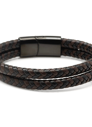 Black and Brown Braided Leather Bracelet with Gunmetal Stainless Steel Magnetic Clasp