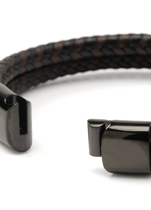 Black and Brown Braided Leather Bracelet with Gunmetal Stainless Steel Magnetic Clasp