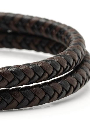 Black and Brown Braided Leather Bracelet with Gunmetal Stainless Steel Magnetic Clasp